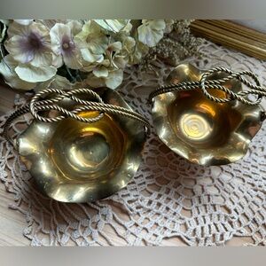 2 Vintage Brass Baskets with Rope Handle